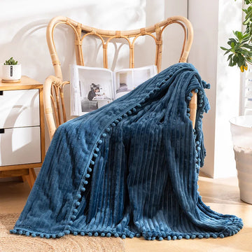 Qfdian Fleece Throw Blanket Couch with Pom Pom Fringe Soft Cozy Fuzzy Flannel Blankets for Sofa Bed Large Lightweight Plush All Seasons